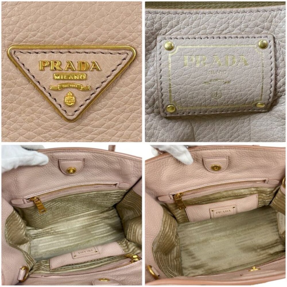 Prada 2-Way Tote Shoulder Bag Vittero Dino Leather Triangle Logo Pink Beige - Picture 10 of 14